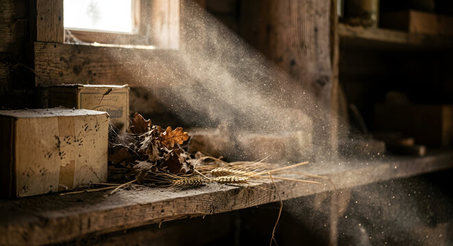 Dust particles floating in a sunbeam inside an old abandoned barn, conceptual image for hantavirus risk, airborne disease transmission, and contaminated rural environment.