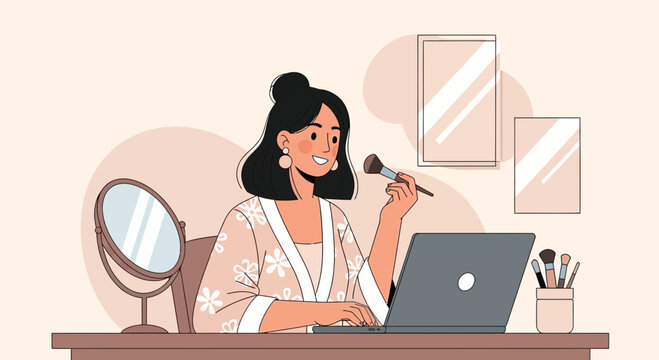 WomanApplying Makeup Online While Using Laptop, Beauty Routine