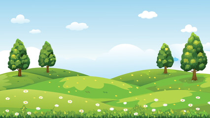 Rolling green hills with trees and a blue sky scene © PUNNABEGUM