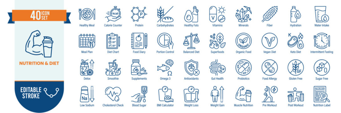 Nutrition and diet icon set vector blue outline editable stroke healthy food fitness meal plan graphic design template
