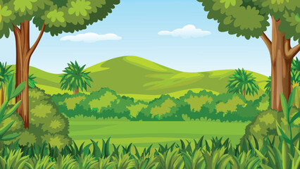 Green landscape with hills trees and lush vegetation © PUNNABEGUM