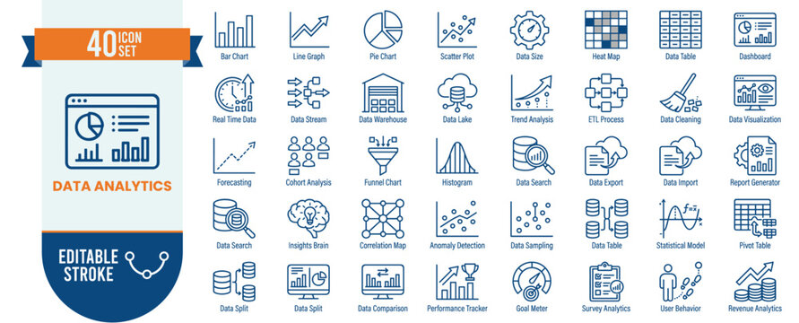 Data analytics icon set vector blue outline editable stroke chart graph dashboard business intelligence graphic design template
