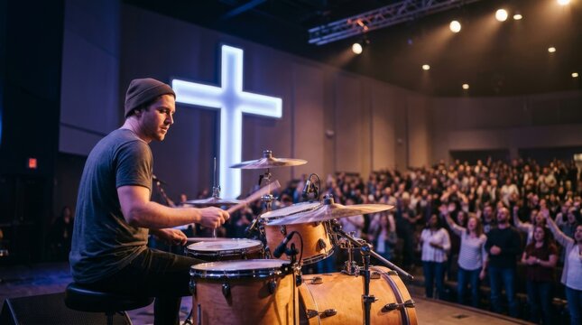 Drummer performing with a glowing cross backdrop for a church congregation or event. Baptist service, a religious concert dedicated to God.