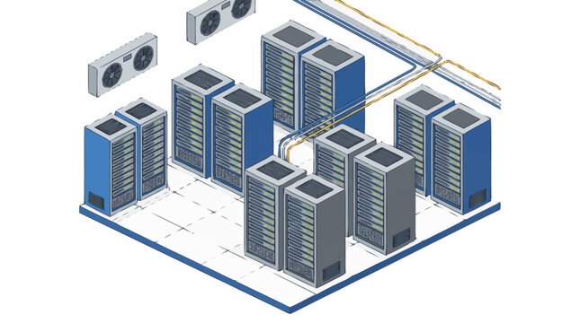 Modern Server Room With Cooling Systems And Network Cables.