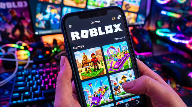 Roblox mobile app logo on a screen smartphone iPhone. Roblox is a popular online game platform and game creation system. Gamer playing on mobile phone with professional RGB gaming setup background.
