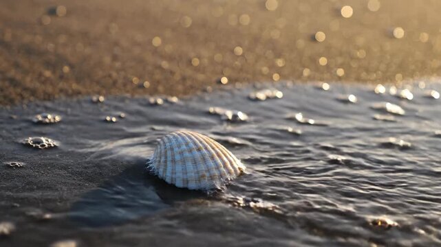 Seashell resting on wet sand at the shoreline. Ocean wave washing over a small shell on the beach during golden hour light. Coastal nature and marine environment