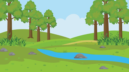 Forest landscape illustration with green hills and blue river © PUNNABEGUM
