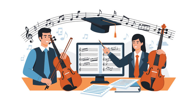 Vector illustration depicting music education featuring a violin, musical notation, and educational elements for teaching string instruments, classical music lessons, and school programs.