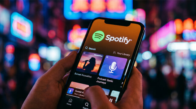 Spotify logo music app on a screen smartphone iPhone held by hand with neon city lights background. Spotify is a world-leading digital music, podcast, and video service with millions of songs.