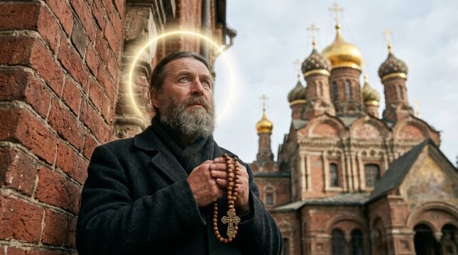 Man with a beard holding a rosary and looking up, with a glowing halo, in front of an orthodox church with golden domes