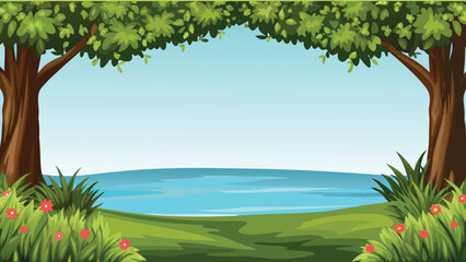 Scenic landscape with trees grass and water illustration © PUNNABEGUM