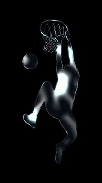 Silver metallic male basketball player two-handed slam dunk silhouette. Alpha channel. Seamless loop video.