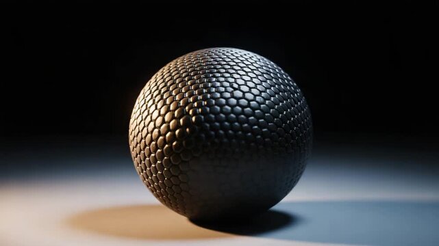 Textured black sphere with honeycomb pattern, cinematic 3D geometric ball on dark background, abstract carbon fiber orb with dramatic lighting