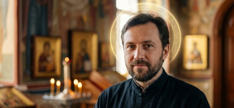 Portrait of a bearded orthodox priest with a halo over his head, standing inside a beautiful church
