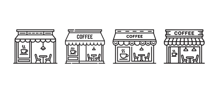Set of coffee shop building icons in a minimalist line art style for cafe business and restaurant design.
