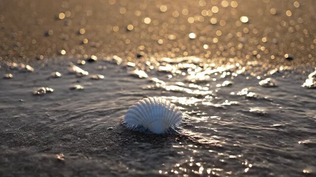 Seashell resting on wet beach sand as ocean wave recedes. Water flowing over shell at sunset. Marine nature background documenting coastal tide motion process