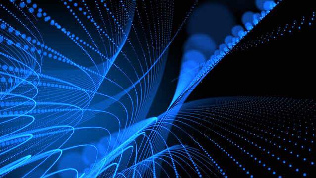 abstract futuristic technology wave background with particles, slow motion blue glowing particles on black background