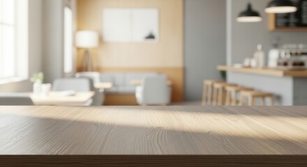 Fototapeta premium Bright modern living room and kitchen interior with natural light and wooden furniture.