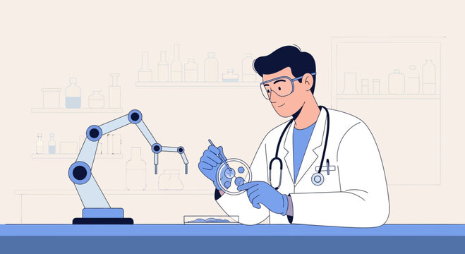 Scientist working with robotic arm in research lab