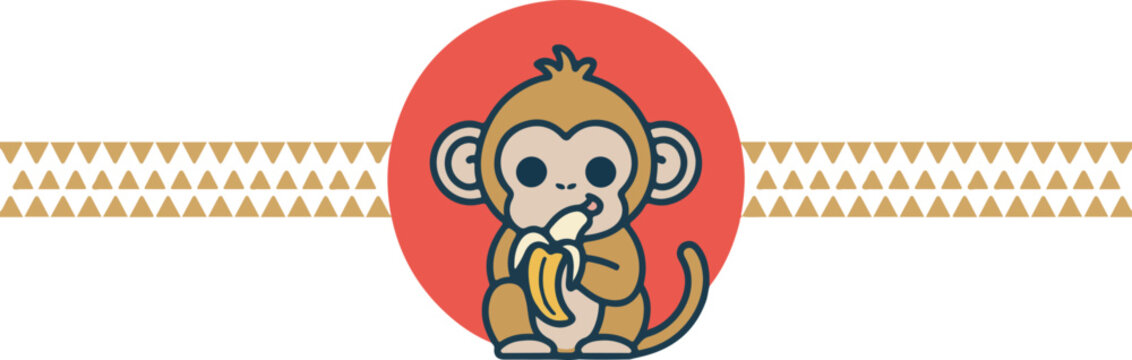Vector illustration of a cute monkey eating a banana in a red circle with a festive background and triangle bunting