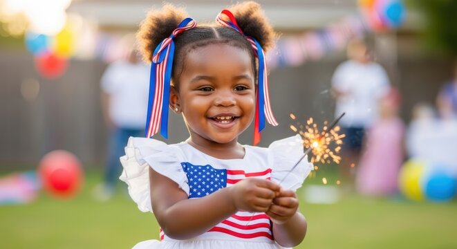 smiling girl holding sparkler at 4th of July celebration