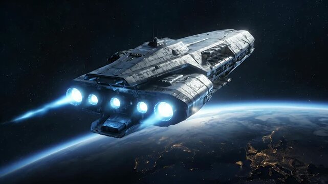 Futuristic spaceship flying over planet Earth with glowing blue engines in deep outer space