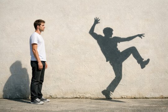 A person stands beside a wall, with a shadow of another figure cast upon it