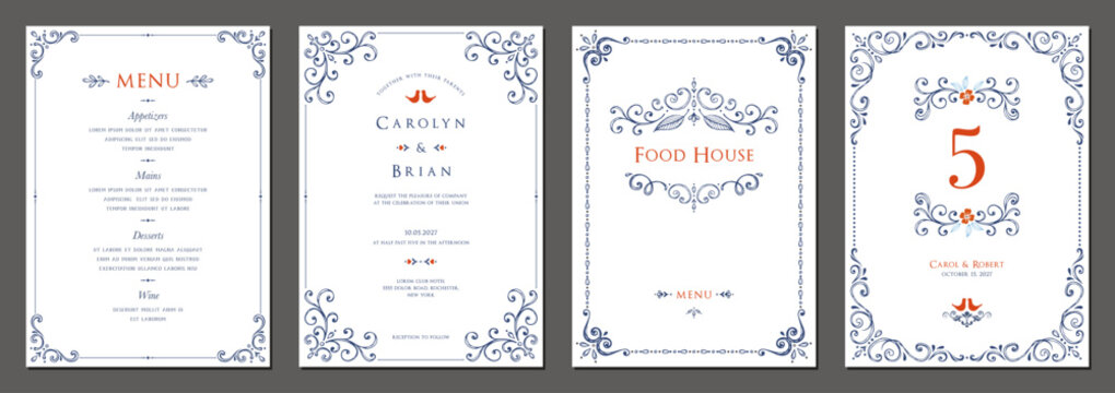 Floral elegant templates. Wedding and restaurant hand drawn menu. Good for banners, greeting and business cards, invitations, flyers, brochure, events and page cover.