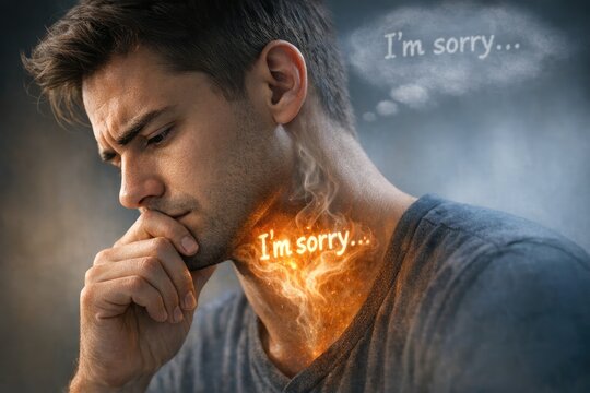 A person experiencing discomfort or pain in their neck, with a clear message of regret