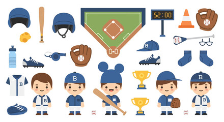 Fototapeta premium Collection of Baseball Equipment and Cute Cartoon Baseball Players.