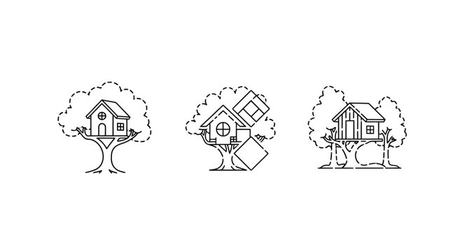Whimsical treehouse illustrations with unique architectural designs.