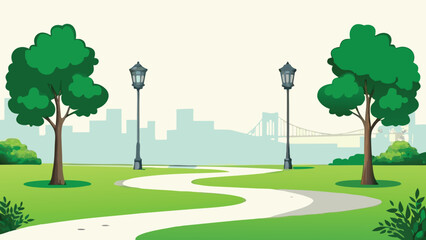 Obraz premium Park scene with trees path and cityscape vector illustration
