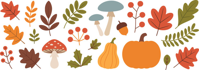 Autumn leaves and pumpkin collection, fall season illustration, mushrooms and acorns, forest nature design, harvest elements, seasonal foliage clipart, thanksgiving decoration © Yasmin Creative 