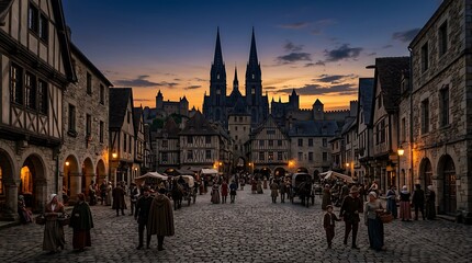 Obraz premium Medieval City Square with Gothic Cathedral at Sunset