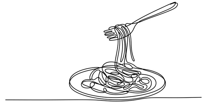 Continuous one line drawing of spaghetti on a fork and plate