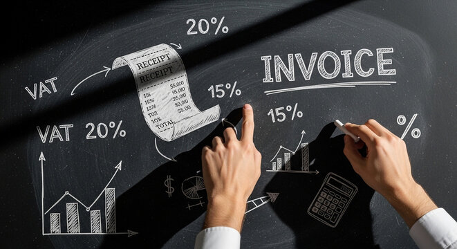 Chalkboard diagram illustrating invoice and VAT calculation with graphs and calculator