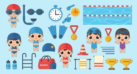Cute cartoon children and swimming equipment set for aquatic sports activities. © dada