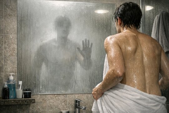 A person looking at themselves in the mirror, suitable for self-care or beauty tutorials