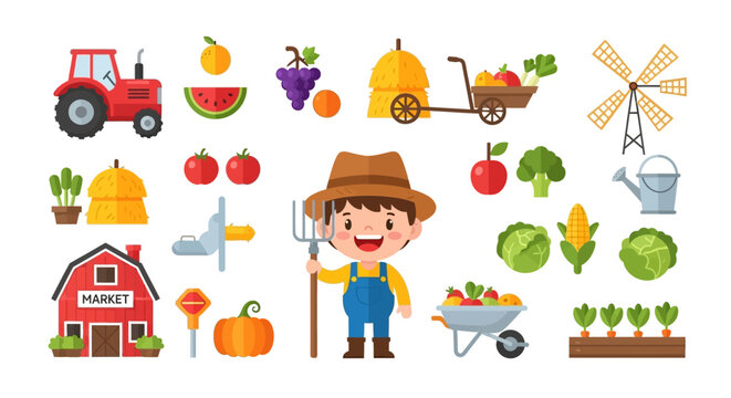 Cute Cartoon Farmer Boy with Pitchfork and Various Farm Elements.