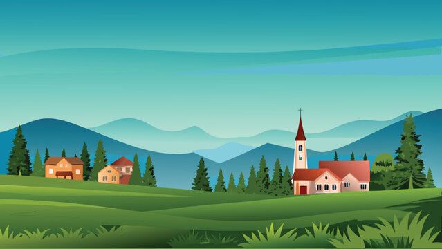 Stylized village landscape with mountains and a church spire