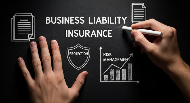 Business liability insurance explained with diagrams and icons on a chalkboard, illustrating protection and risk management. A hand holds chalk, ready to write