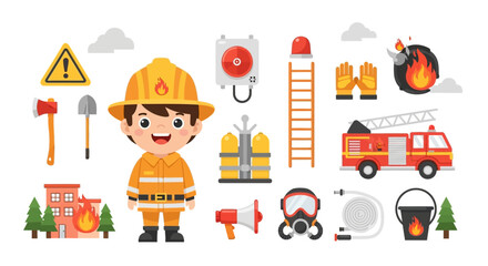 Cute Firefighter Character and Fire Safety Equipment Set. © dada