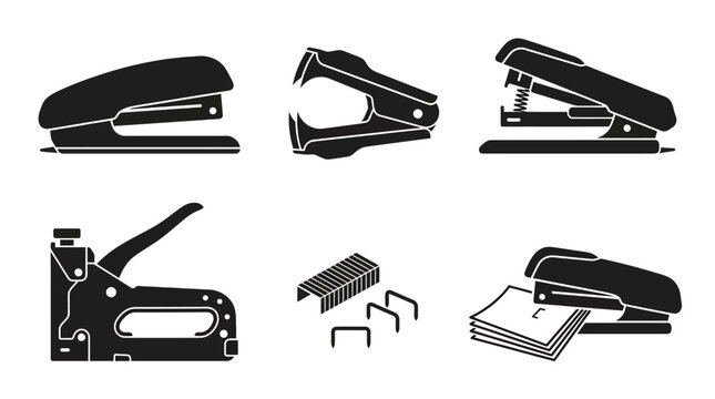 Silhouette collection of stapling tools including office stapler, remover, staple gun, loose staples, and paper stapling action icons.