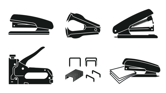 Silhouette collection of stapling tools including office stapler, remover, staple gun, loose staples, and paper stapling action icons.