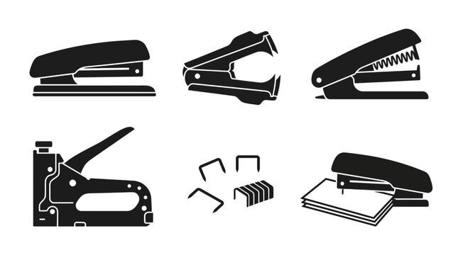 Silhouette collection of stapling tools including office stapler, remover, staple gun, loose staples, and paper stapling action icons.