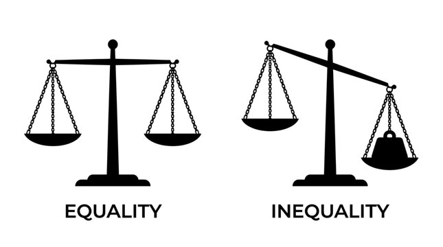 Silhouette balance scales showing equality versus inequality, symbolizing fairness, justice, imbalance, rights, ethics, power, privilege, and oppression.