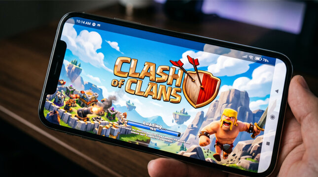 Clash of Clans by Supercell mobile logo app on a screen smartphone iPhone. Clash of Clans is a popular freemium mobile strategy video game developed and published by Finnish game developer Supercell.
