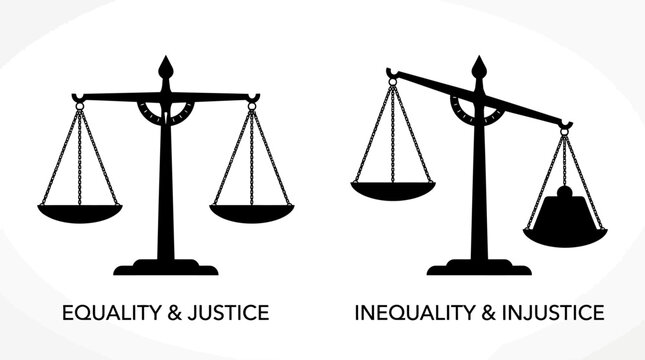 Black silhouette balance scales contrasting equality and justice versus inequality and injustice, symbolizing fairness, imbalance, rights, and societal moral values.