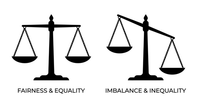 Silhouette balance scales contrasting fairness and equality with imbalance and inequality, symbolizing justice, rights, ethics, and societal moral values.