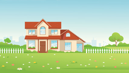 Fototapeta premium Illustrated suburban house with red roof and green lawn